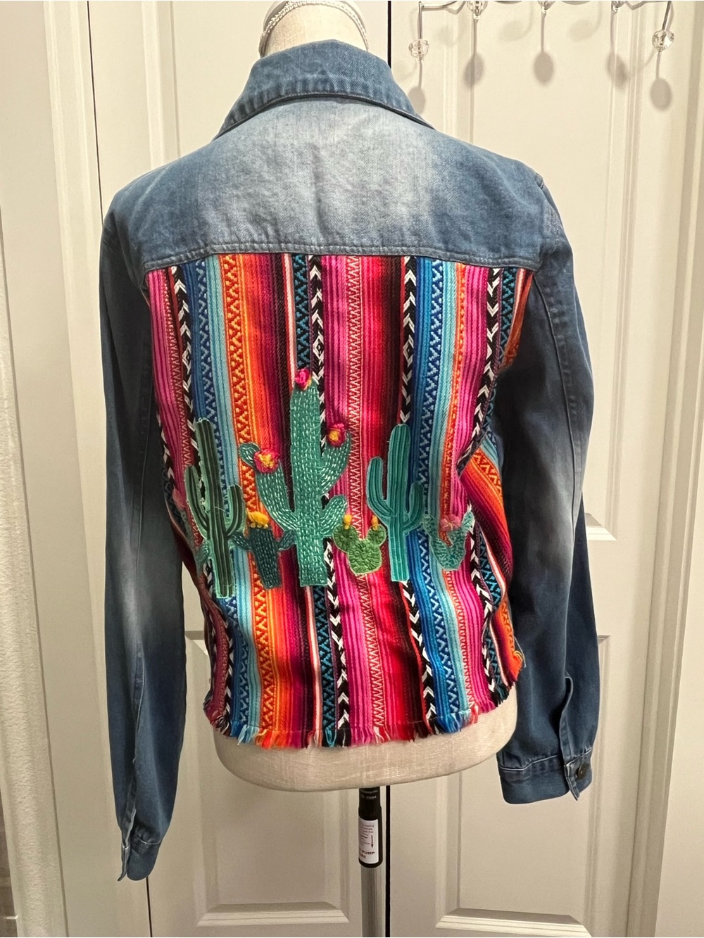 Judith March Large Peruvian Style Denim Jacket Embroidered Cactus Cotton Boho